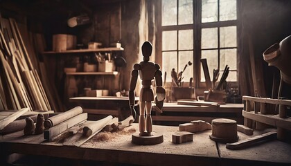 carpentry workshop with wooden mannequin - obrazy, fototapety, plakaty