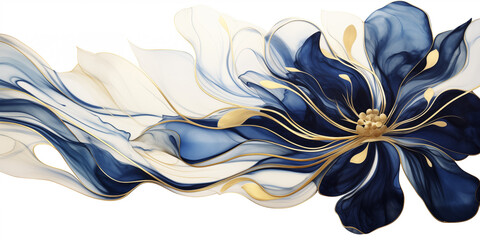Watercolor blue magnolia with gold leafs. Abstract fashion banner on white background