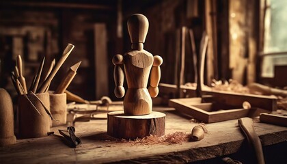carpentry workshop with wooden mannequin - obrazy, fototapety, plakaty
