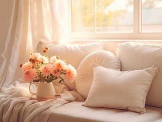 A white couch featuring a neatly arranged vase filled with beautiful flowers placed on top.