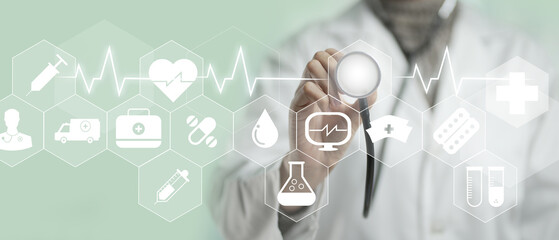 Healthcare and medical concept. Medicine doctor with stethoscope with icon medical network the...