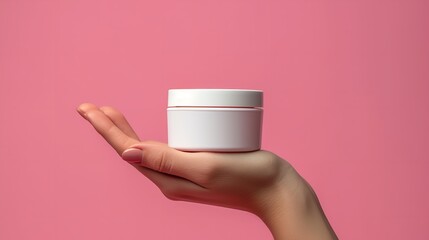 A mockup involving a cream jar with cosmetics on a hand on an outline of beige and pink, Generative AI.