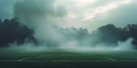 Unpleasant Fumes Rise From A Soccer Field, Creating An Eerie Atmosphere. Сoncept Mysterious Mist, Toxic Odors, Creepy Soccer Field, Strange Vapors