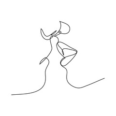 Lips in kiss. Abstract beautiful portrait of kissing couple in love, continuous line drawing, quick sketch, beauty minimalist, vector illustration