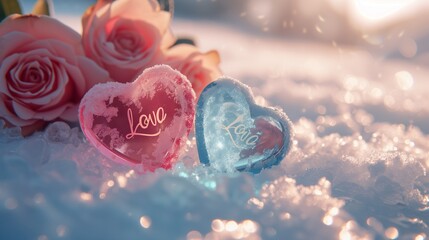 Winter snow season with 2 brightly colored heart-shaped gems, light pink, light blue transparent gems on white snow, and a bouquet of pink roses set off, gems engraved with the word "love"