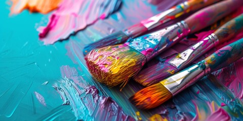 A Dynamic Display Of Paint-Covered Brushes On A Colorful Canvas, Illustrating Collaboration And Imagination. Сoncept Paint Splatter Art, Collaborative Painting, Imaginative Creations