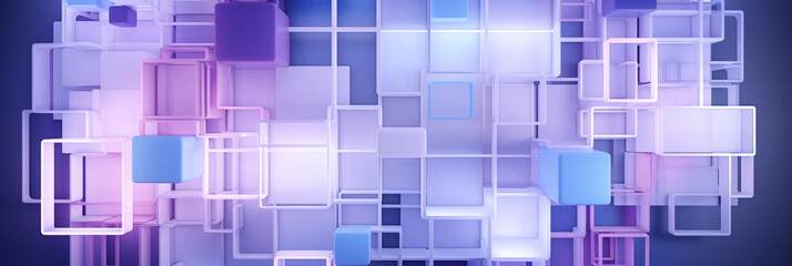 Abstract volume background composition of variously sized cubes in soft lavender and blue hues, creating a glowing, magical depth