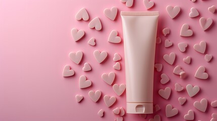 A multitude of hearts on a pastel pink backdrop adorn a beige cosmetic cream tube mockup with space, Generative AI.