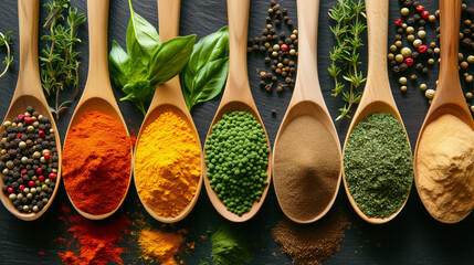  Colorful spices and herbs.