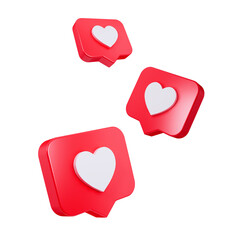 Heart in red speech bubble icon isolated on empty background. One Love like heart social media notification icon. Emoji, chat and Social Network. 3d rendering, 3d illustration.