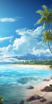 Ocean shore with palm trees, maldives, minimalistic background image for mobile phone, ios, Android, banner for instagram stories, vertical wallpaper.