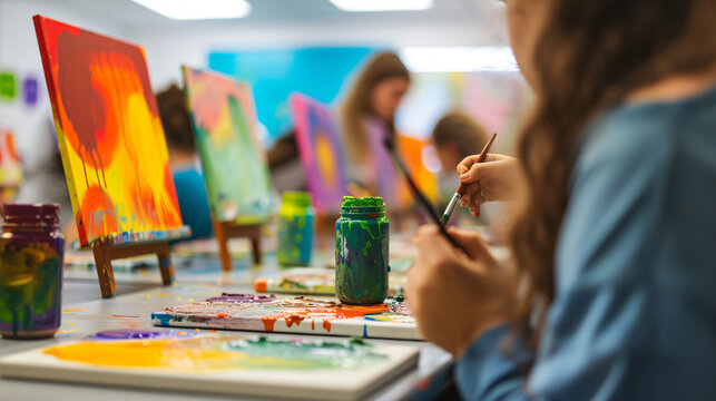 An art class with students painting on canvases.