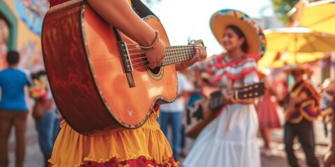Young Mexican Musician Playing Guitar While A Beautiful Girl Dances At City Fiesta. Сoncept Live Music Performance, Cultural Celebration, Mexican Folklore, Guitar And Dance, Vibrant City Festivities