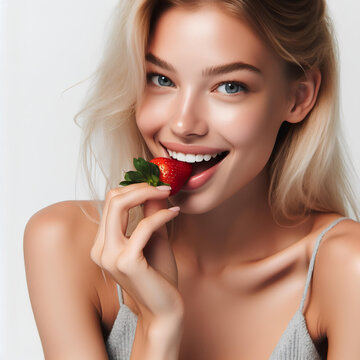 caucasian blonde woman eat fresh strawberry on white background