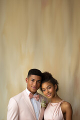 Elegant Teenage Couple in Coordinated Formal Attire for Prom, Open Empty Copy Space for Text within a Poster, Invitation or Announcement, Fill in the blank, Vertical Portrait

