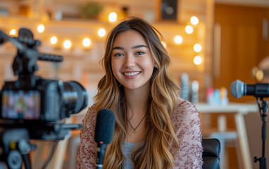 A charismatic influencer is in the center of the image, with a blurred background highlighting her recording set-up, she is recording a video for her channel - 729510420
