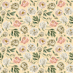 Floral watercolor seamless pattern with white beige and peach fuzz peony flowers, buds and green leaves on light pink