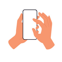 Mobile phone screen in hand. Fingers enlarging photo. Flat vector illustration isolated on white