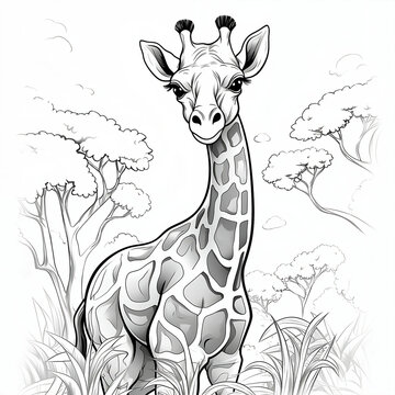 zeichnung, malvorlage, f&uuml;r kinder, giraffe, vektor, cartoons, schwarz, wei&szlig;, drawing, coloring page, for kids, giraffe, vector, cartoons, black, white