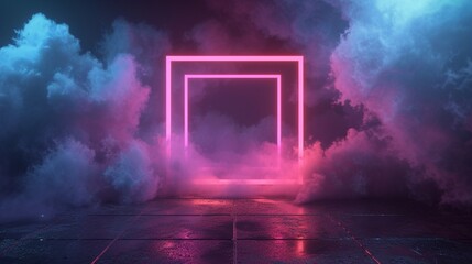 3D render of an abstract minimal background with a square frame illuminated by pink and blue neon lights, stormy clouds depicted within the frame