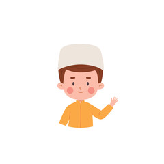 Muslim boy waves his hand, happy Moslem child in national Arab clothing and skullcap vector cartoon, Islamic culture