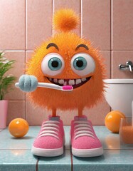 funny flurry orange monster brushing teeth - obrazy, fototapety, plakaty