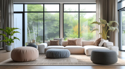 A cozy and inviting living room that offers a stunning forest view through large windows, bathed in natural light with comfortable textiles and earthy tones.