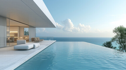 Fototapeta premium A breathtaking beachfront villa with modern architecture, featuring an infinity pool, palm trees, and panoramic ocean views.