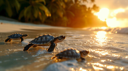 Small turtles running in sea. 
