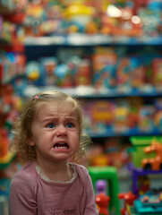 Offended girl crying in a toy store