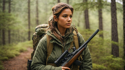 portrait of a female hunter in the forest with a rifle - obrazy, fototapety, plakaty