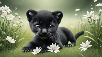 Rolgordijnen Black panther cub in the grass © Milten