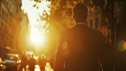 Geschäftsmann geht in der Abendsonne spazieren oder zu einem Termin oder nach Hause - obrazy, fototapety, plakaty