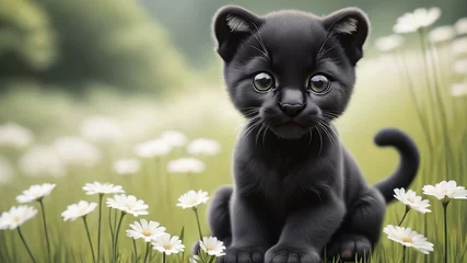 Rolgordijnen Black panther cub in the grass © Milten
