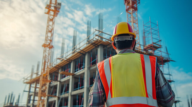 Techniker oder Bauarbeiter auf einer Baustelle vor einem Rohbau mit Kran