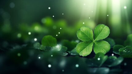 The sun's rays illuminate a four-leaf clover leaf, blurred lights. Illustration with green leaves, space for copy, green background with blurred lights and highlights, st. Patrick's day