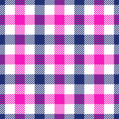 Dark blue and vivid pink color gingham check plaid seamless pattern, vichy pattern, checkered background for textile design, napkin, blanket, wrapping paper, cover, tablecloth. Vector illustration.