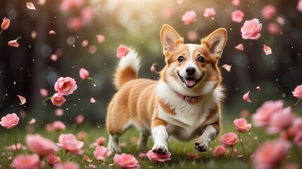 Happy corgi dog playing on a field of flowers. Cute pet running on outdoor park.
