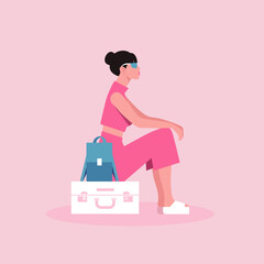 An Asian woman is sitting on a suitcase. Travel expectation. Journey. Waiting for a flight at the airport. Vector Flat Illustration