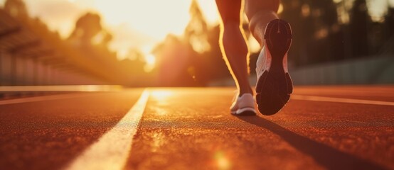 Athlete running on a track in sunlight banner. Athlete running on racetrack at stadium. Close up of athlete legs.