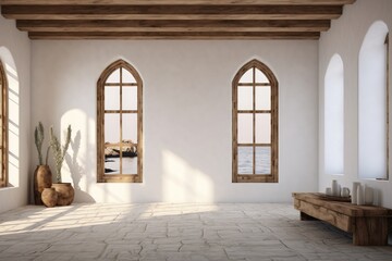 A room with three windows and a bench, providing a simple and functional space for users to sit and enjoy the surrounding view.