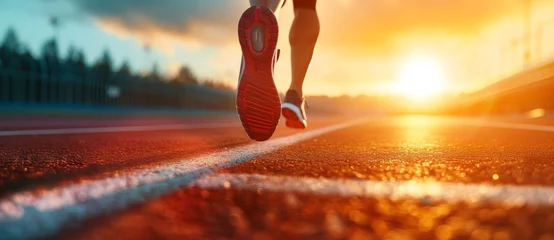 Fotobehang Athlete running on a track in sunlight banner. Athlete running on racetrack at stadium. Close up of athlete legs. © radekcho