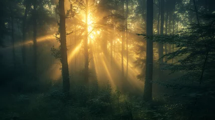 Foto op Plexiglas An enchanting view of a misty forest at sunrise with rays of light piercing through the trees. © Gabriel