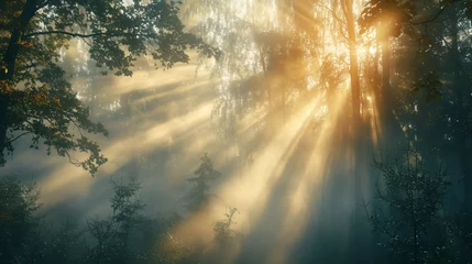 Deurstickers An enchanting view of a misty forest at sunrise with rays of light piercing through the trees. © Gabriel