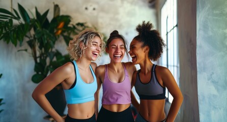 Obraz na płótnie Canvas Group of three young, diverse female athletes celebrate their healthy and active lifestyle in a sports studio, smiling and laughing together while wearing sporty fitness clothes.