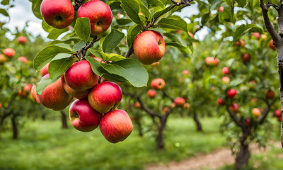 Obraz premium Ripe apple tree in foreground, soft-focus garden