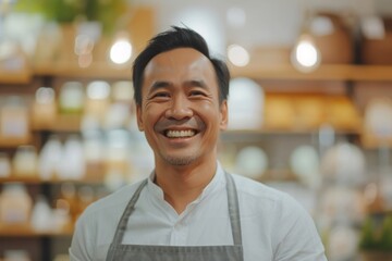 Business owner portrait of positive asian man store keeper in casual uniform smiling and looking at camera.