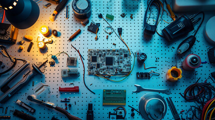 An engaging flat lay of a DIY electronics project with microcontrollers breadboards wires and tools on a metallic surface.