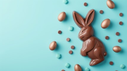 Naklejka na ściany i meble easter chocolate in the shape of a bunny on blue background - easter concept backdrop with copyspace