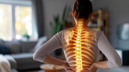 Digital composite of highlighted spine of woman with back pain at home. Intense discomfort along the spine makes movement difficult. - obrazy, fototapety, plakaty